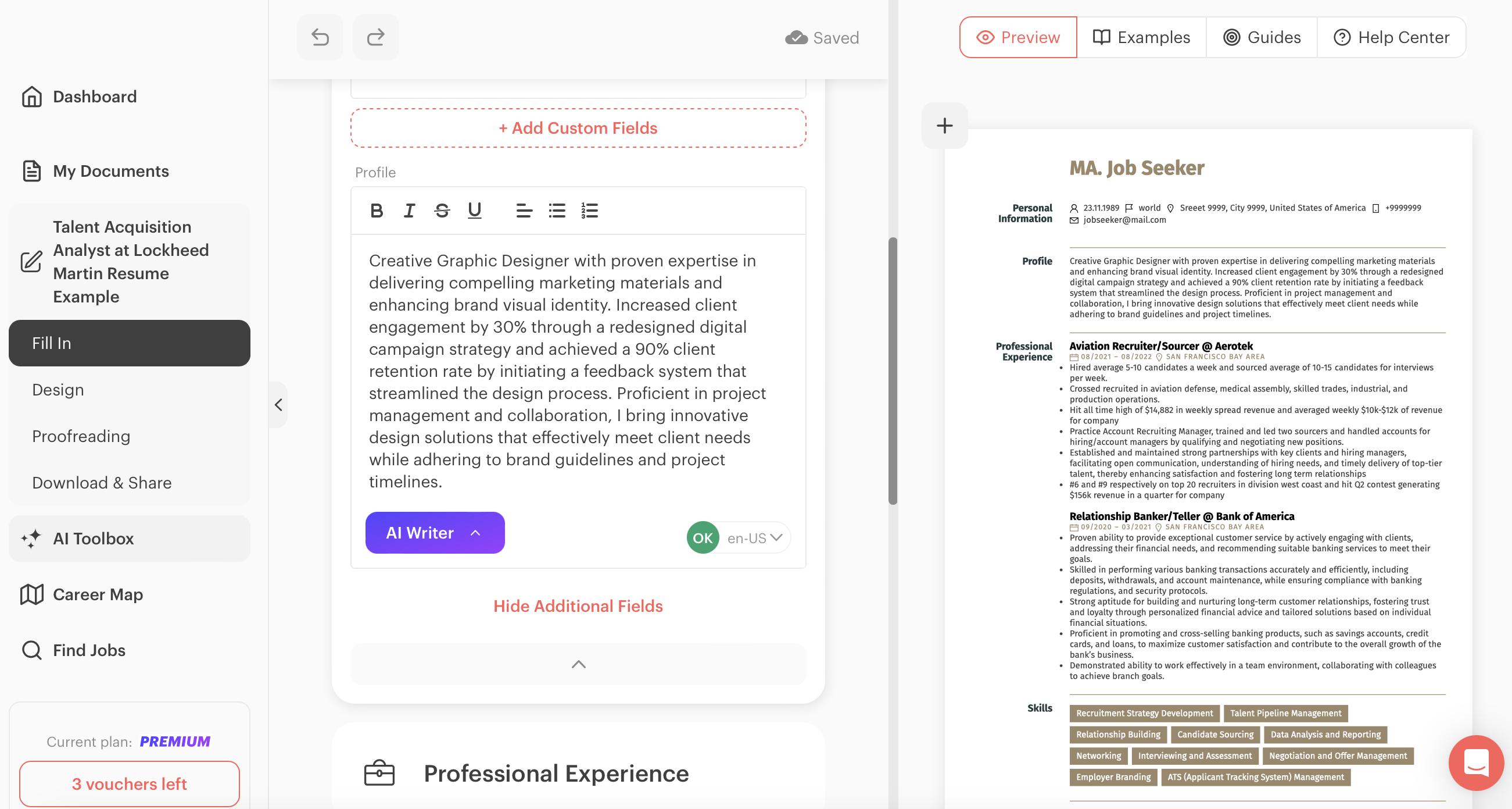 لقطة شاشة لمحرر Kickresume وخيارات تعديل السيرة الذاتية