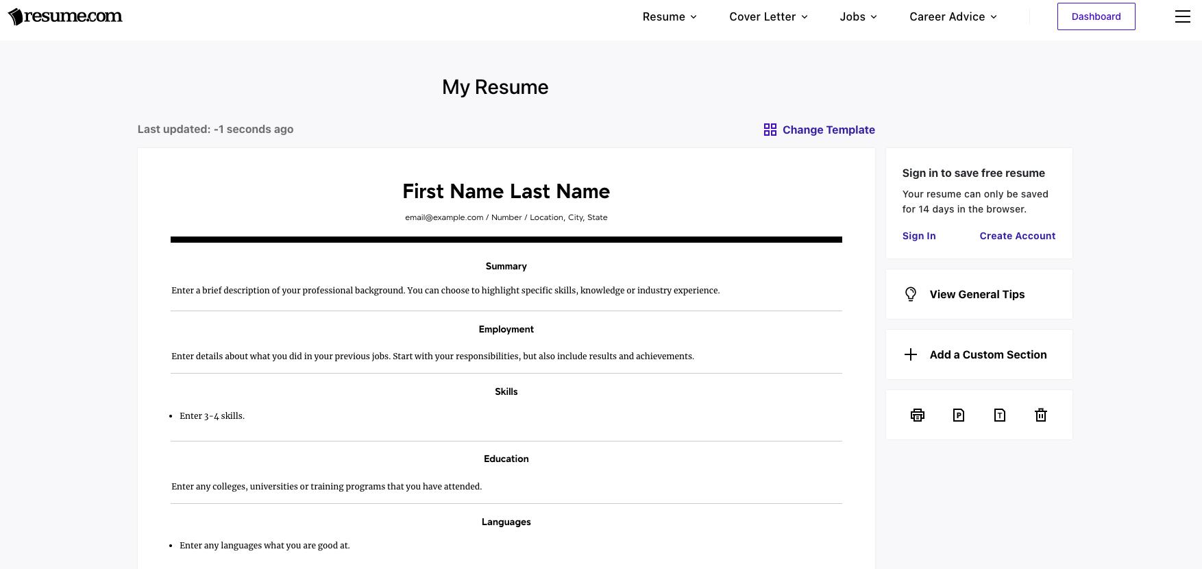 لقطة شاشة لصفحة إنشاء السيرة الذاتية في Resume.com