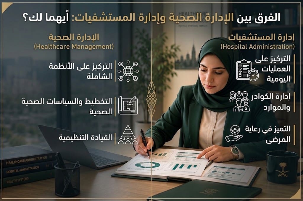 الفرق بين الإدارة الصحية وإدارة المستشفيات من حيث التخطيط والعمليات والموارد والقيادة ورعاية المرضى